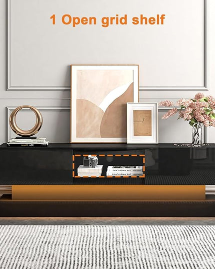 Black TV Stand Modern - TV Stands with Led Lights and Storage Drawers for TVs up to 70 Inch - Gaming TV Entertainment Stand for Living Room, Bedroom - LeafyLoom