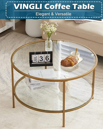 VINGLI Glass Coffee Table,30" Round Coffee Table Gold Coffee Tables for Living Room,2-Tier Glass Top Coffee Table with Storage Clear Coffee Table,Simple & Modern Center Table Mesa de Centro Para Sala - LeafyLoom