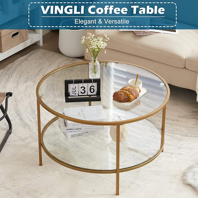 VINGLI Glass Coffee Table,30" Round Coffee Table Gold Coffee Tables for Living Room,2-Tier Glass Top Coffee Table with Storage Clear Coffee Table,Simple & Modern Center Table Mesa de Centro Para Sala - LeafyLoom