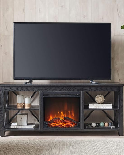 Henn&Hart Rectangular TV Stand with Log Fireplace for TV's up to 65" in Black, TV Stands for the Living Room - LeafyLoom