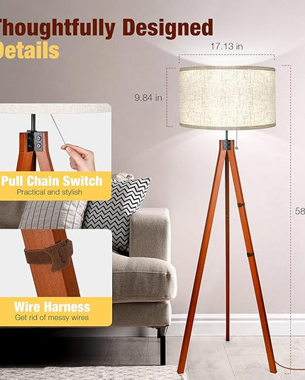 Wood Tripod Floor Lamp, 3 Color Temperatures Mid Century Modern Boho Floor Lamp, Tall Standing Lamps for Living Room Bedroom Office, Flaxen Lamp Shade with E26 Lamp Base - LeafyLoom