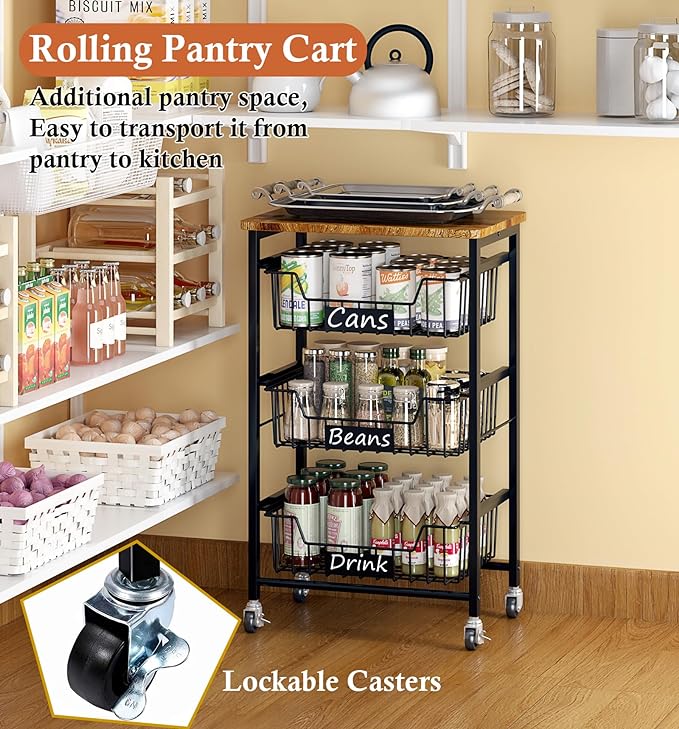 4-Tier Small Kitchen Storage Cart on Wheels, Metal Fruit Basket Stand with Pull-Out Baskets & Wood Top for Potato Onion Produce Snack Veggies - LeafyLoom