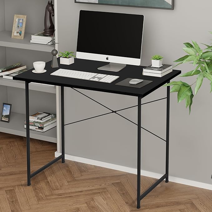 HealSmart Home Office Computer Desk, Modern Style Design with Headphone Hooks for Working, Writing and Gaming, 32 Inch, Black - LeafyLoom