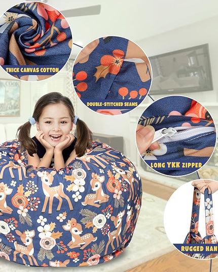 Stuffed Animal Storage Bean Bag Chair Cover, Hold Kids Plush Toys Blankets Towels Beanbag (Cover Only), Canvas Floor Circle Stuff Sit Seat Sofa with YKK Zipper, Large 32", Fawn - LeafyLoom