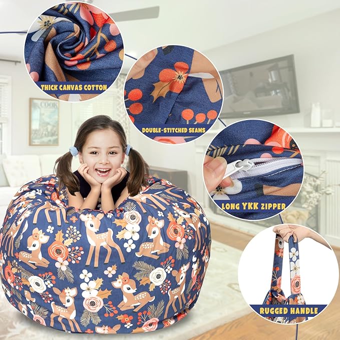 Stuffed Animal Storage Bean Bag Chair Cover, Hold Kids Plush Toys Blankets Towels Beanbag (Cover Only), Canvas Floor Circle Stuff Sit Seat Sofa with YKK Zipper, Large 32", Fawn - LeafyLoom