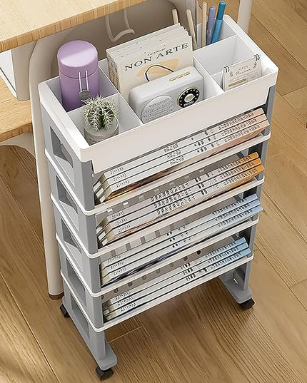 5 Tier Book Rack Storage Bookshelf, Mobile Bookshelf with Wheels, Removable Movable Unique Bookcase, Rolling Book Cart, Bookshelves for Students Study in Dorm Classroom Living Room School(White Grey) - LeafyLoom