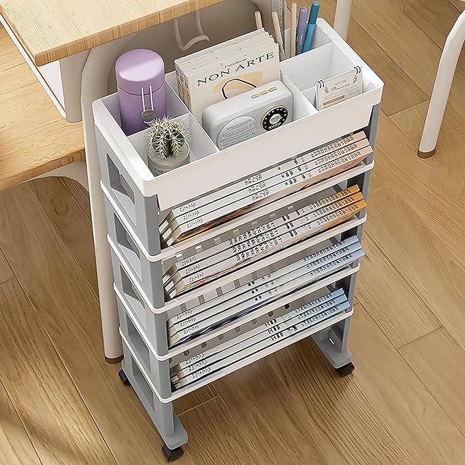 5 Tier Book Rack Storage Bookshelf, Mobile Bookshelf with Wheels, Removable Movable Unique Bookcase, Rolling Book Cart, Bookshelves for Students Study in Dorm Classroom Living Room School(White Grey) - LeafyLoom