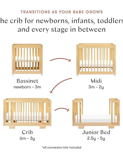 Babyletto Yuzu Convertible All-Stages Bassinet, Midi, Full-Size Crib in Natural, Greenguard Gold Certified, Portable & Adjustable with Conversion Kits and Pads Included - LeafyLoom