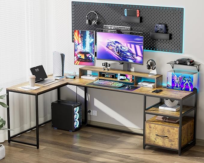 L Shaped Desk - 87" L Shaped Gaming Desk with Power Outlet & Monitor Shelf, Home Office Corner Computer Desk with Printer Shelf & File Drawer, Rustic Brown - LeafyLoom
