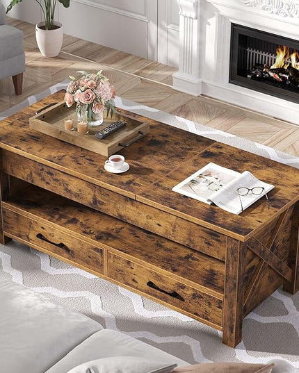 Seventable Coffee Table, 47.2" Lift Top Coffee Table with 2 Storage Drawers and Hidden Compartment, Farmhouse Center Table with Wooden Lift Tabletop, for Living Room,Rustic Brown - LeafyLoom