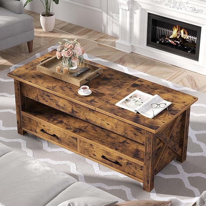Seventable Coffee Table, 47.2" Lift Top Coffee Table with 2 Storage Drawers and Hidden Compartment, Farmhouse Center Table with Wooden Lift Tabletop, for Living Room,Rustic Brown - LeafyLoom