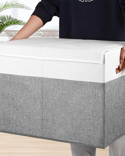 Large Toy Storage Box with Lid, Sturdy Toys Storage Chest Bin Organizer Basket with Dividers for Kids, Boys, Girls, Nursery, Closet, Bedroom, Playroom 26"x17" x17" (Grey and White) - LeafyLoom