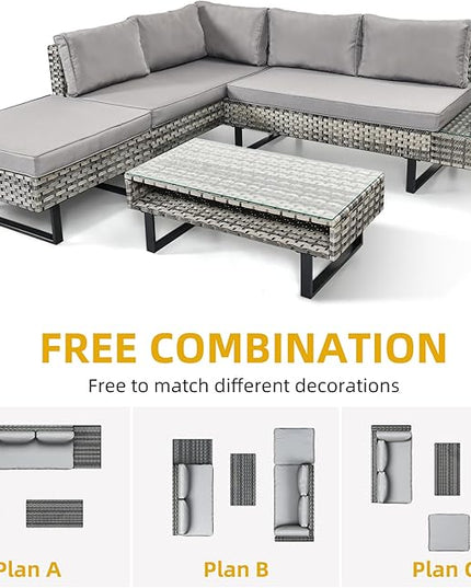 DWVO Patio Furniture Set, Sectional L-Shaped Sofa, for Patio Backyard Poolside Porch, Wicker Conversation Set with Coffee Table & Cushions, Detachable Lounger, All-Weather Rattan, Grey - LeafyLoom