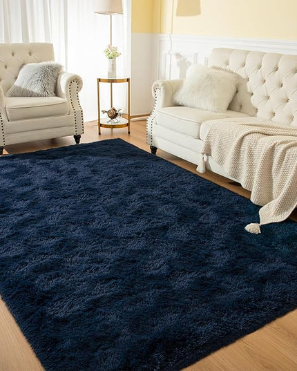 Softlife Rug for Bedroom 5.3x7.6 Feet Area Rug for Living Room Soft Shaggy Rugs for Kids Room Fluffy Fuzzy Carpets Long Plush Bedside Rug Nursery Christmas Home Decoration for Boys Girls, Navy Blue - LeafyLoom