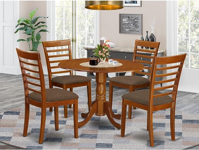 East West Furniture Dublin 5 Piece Dinette Set for 4 Includes a Round Room Table with Dropleaf and 4 Linen Fabric Upholstered Dining Chairs, 42x42 Inch, Saddle Brown - LeafyLoom
