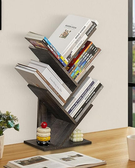 5 Tier Tree Book Shelf, Small Desktop Bookshelf with Storage Organizer, Wood Bookcase, Desk Display Bookshelves, Floor Standing Organizer Bookcases for Living Room,Bedroom,Office-Dark Grey - LeafyLoom