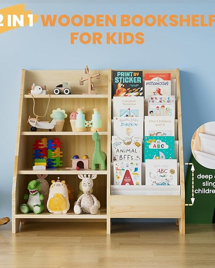 Kids Bookshelf, Solid Wood Bookshelf Bookcase Storage Organizer for Children, 4 Tier Bookshelf 5 Layer Sling Bookcase Toddler Book Rack Storage Organizer for Kids Room Nursery Play Room Kindergarten - LeafyLoom