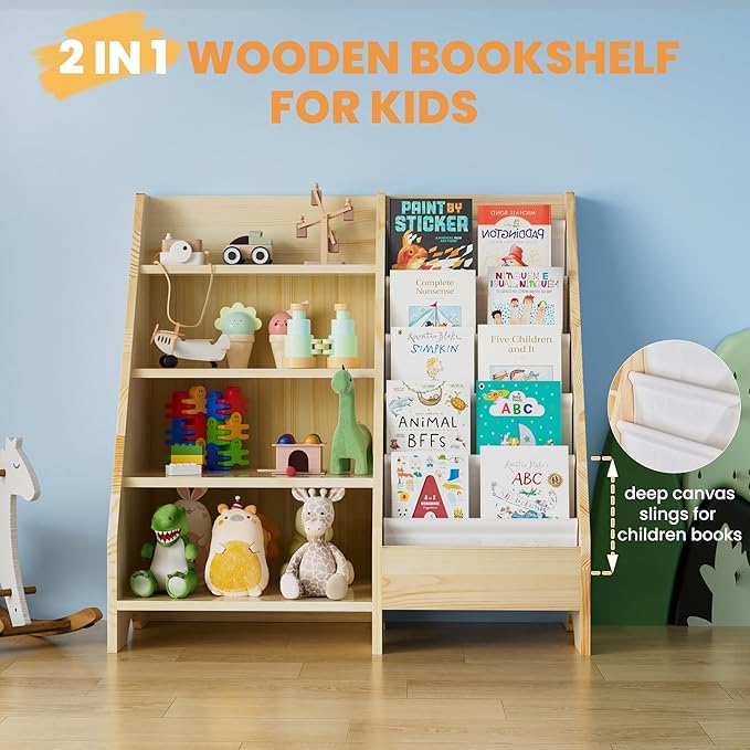 Kids Bookshelf, Solid Wood Bookshelf Bookcase Storage Organizer for Children, 4 Tier Bookshelf 5 Layer Sling Bookcase Toddler Book Rack Storage Organizer for Kids Room Nursery Play Room Kindergarten - LeafyLoom