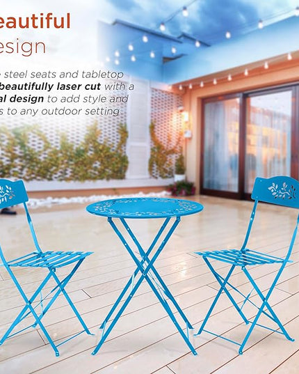 Alpine Corporation Indoor/Outdoor 3-Piece Bistro Set Folding Table and Chairs Patio Seating, Blue - LeafyLoom