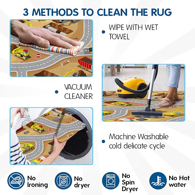 Kids Construction Site Play Rug Non-Slip Construction Vehicles Play Mat for Driving Toy Cars Daycare Nursery Preschool Playroom Kids Car Activity Carpet (construction play rug, 39X59 inches) - LeafyLoom