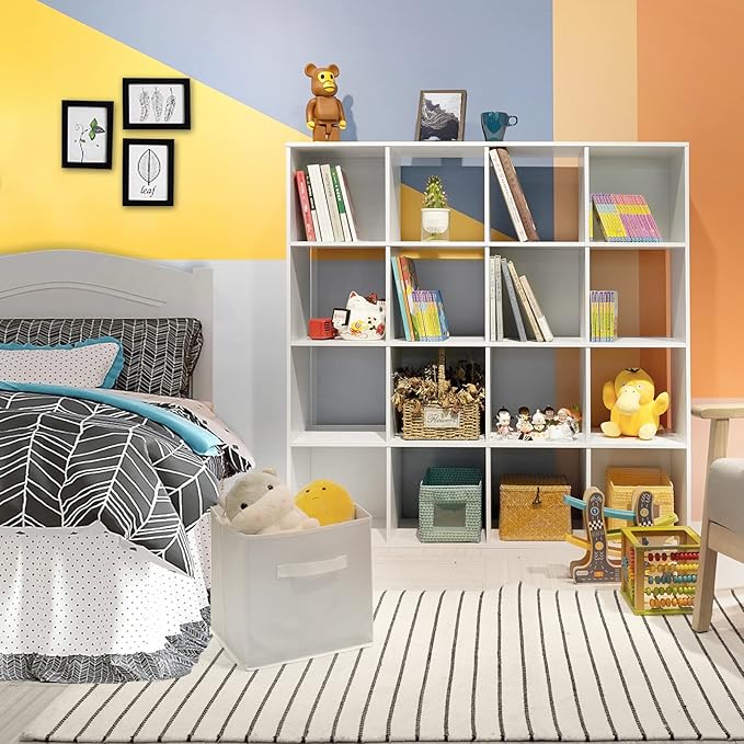 PACHIRA E-Commerce US Toy Storage Shelf, 16-Cube White Wooden Storage Organizer Bookcase Fits 11“x11”x11“ Storage Bin, Bookshelf System Display Compartments, Sturdy Room Cube - LeafyLoom