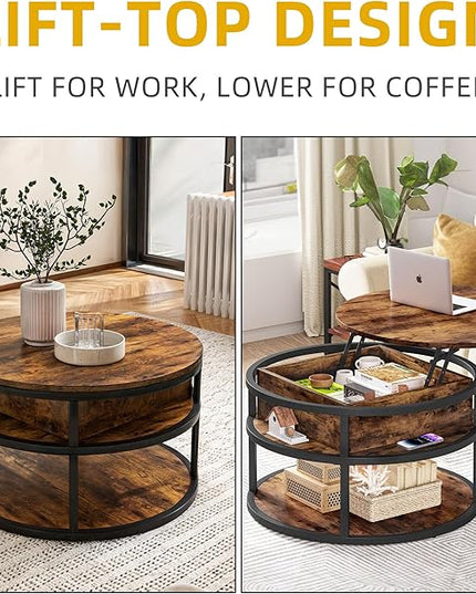 DWVO Round Coffee Tables for Living Room,Lift Top Coffee Table with Storage, Farmhouse Wood Coffee Table,Circle Coffee Tables Living Room for Home Office,Rustic Brown - LeafyLoom