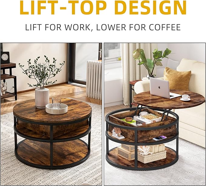 DWVO Round Coffee Tables for Living Room,Lift Top Coffee Table with Storage, Farmhouse Wood Coffee Table,Circle Coffee Tables Living Room for Home Office,Rustic Brown - LeafyLoom
