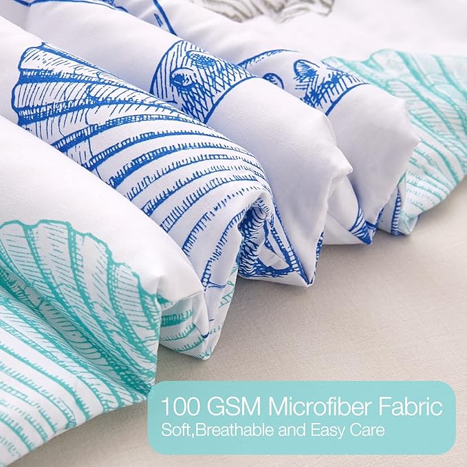 JSD 3 Piece Queen Beach Theme Kids Comforter Set, Jellyfish Starfish Shell Printed Comforter with Pillow Sham, Soft Comfortable Machine Washable - LeafyLoom