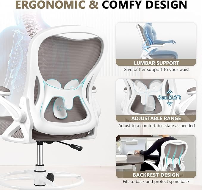 Drafting Chair, Tall Office Chair Ergonomic Standing Desk chair, Lumbar Support Computer Chair Swivel Task Rolling Chair with Adjustable Flip-up Armrests & Foot Ring (Gray) - LeafyLoom