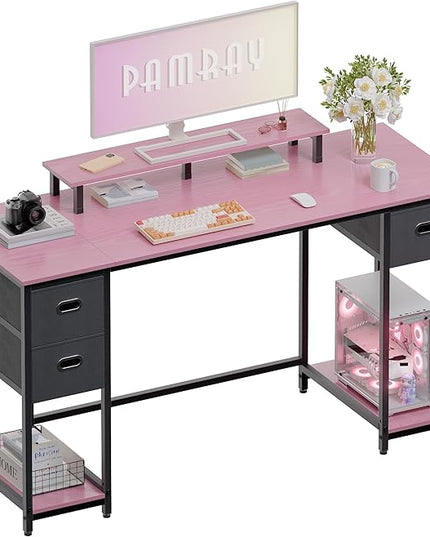 Pamray 55 Inch Computer Desk with Non-woven Storage Drawers and Monitor Stand Home Office Desk for Bedroom Study Table Writing and Work Desk Pink - LeafyLoom