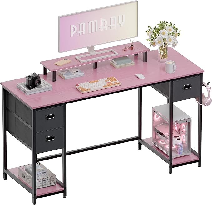 Pamray 55 Inch Computer Desk with Non-woven Storage Drawers and Monitor Stand Home Office Desk for Bedroom Study Table Writing and Work Desk Pink - LeafyLoom