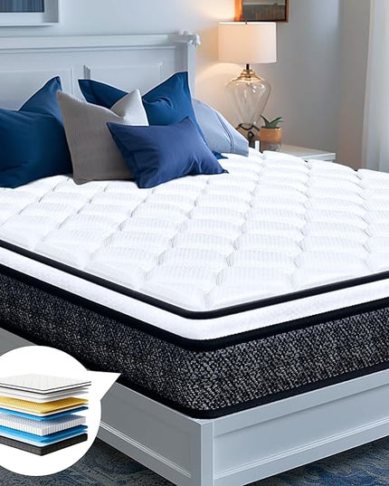 EvaStar King Size Mattress, 12 Inch Hybrid Medium Firm, Individual Pocket Springs, CertiPUR-US Certified Memory Foam, Mattress in a Box for Pressure Relief & Cool Sleep 76"x80"x12" - LeafyLoom