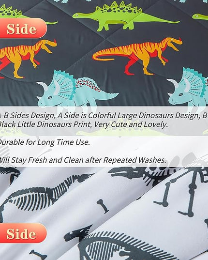 RYNGHIPY Dinosaur Bedding Set Queen Size Dinosaur Kids Comforter Set for Boys Girls Soft Breathable Cute Dinosaur Bed Set for All Season (Black,Queen) - LeafyLoom