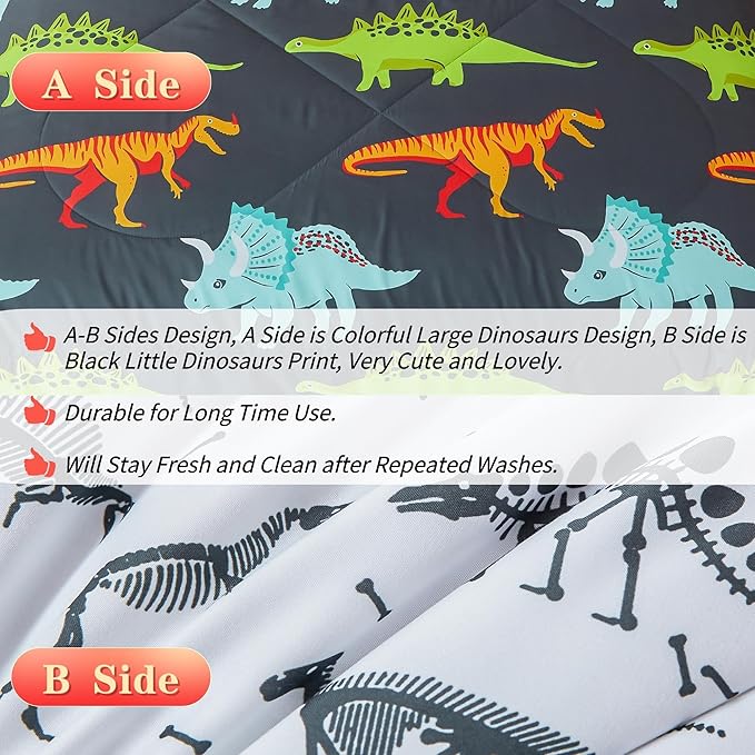 RYNGHIPY Dinosaur Bedding Set Queen Size Dinosaur Kids Comforter Set for Boys Girls Soft Breathable Cute Dinosaur Bed Set for All Season (Black,Queen) - LeafyLoom