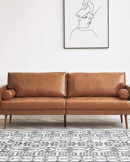 Vonanda Faux Leather Sofa Couch, Mid-Century 73 Inch 3 Seater Leather Couch with Hand-Stitched Comfort Cushion and Bolster Pillows for Living Room,Elegant Cognac Tan - LeafyLoom