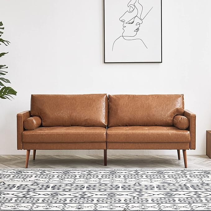 Vonanda Faux Leather Sofa Couch, Mid-Century 73 Inch 3 Seater Leather Couch with Hand-Stitched Comfort Cushion and Bolster Pillows for Living Room,Elegant Cognac Tan - LeafyLoom