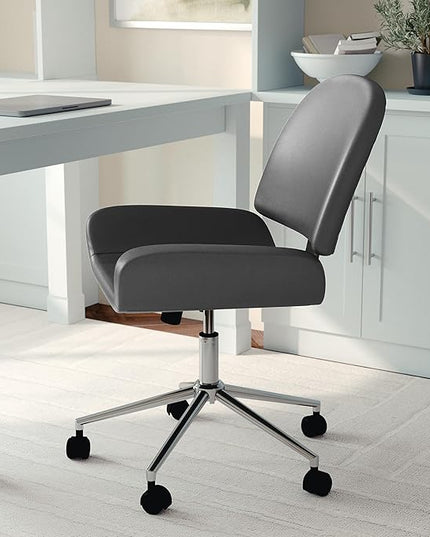 Martha Stewart Tyla Armless Swivel Task Chair for Home Office in Gray Faux Leather with Polished Nickel Frame - LeafyLoom