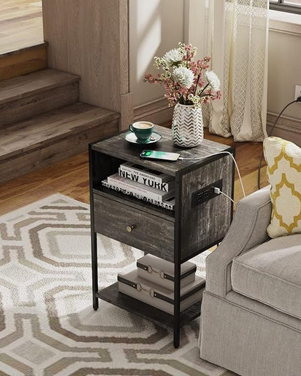 LDTTCUK Nightstand with Charging Station, Modern End Table with Drawer, Bedside Table with Open Storage for Bedroom, Retro Grey - LeafyLoom