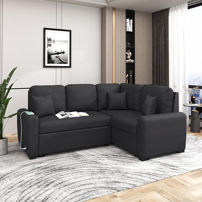 3 in 1 Convertible Sectional Sofa with Pull Out Bed , 87.4" L Shaped Corner Couch with USB Charging Ports & Plug Outlet , Breathable Linen Fabric Conversion Sofabed for Living Room Office Furniture - LeafyLoom