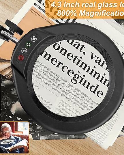 8X Large Magnifying Glass with Light and Stand, KRSTLV 2 x 16 Inch Swivel Arm LED Desk Lamp with Clamp, 5 Color Modes Stepless Dimmable Lighted Magnifier Hands Free for Close Work, Craft, Hobby, Black - LeafyLoom