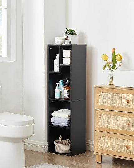 VECELO Small Bookshelf, 5 Cube Slim Bookcase, Fits Tallest Hardcovers, Horizontal Available, Modern Floor Standing Unit, Each Shelf Hold Up to 66 LBS, Matte Black - LeafyLoom