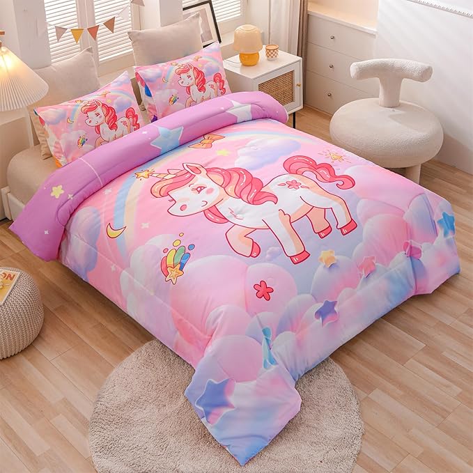 Aimuan Girls Unicorn Comforter Set 3 Pieces Pink Purple Bedding Set with Rainbow Star Galaxy Stars Fantasy Children Room Decor Soft Reversible Bed Sets for Boys/Girls/Teens (Pink Full3Pcs) - LeafyLoom