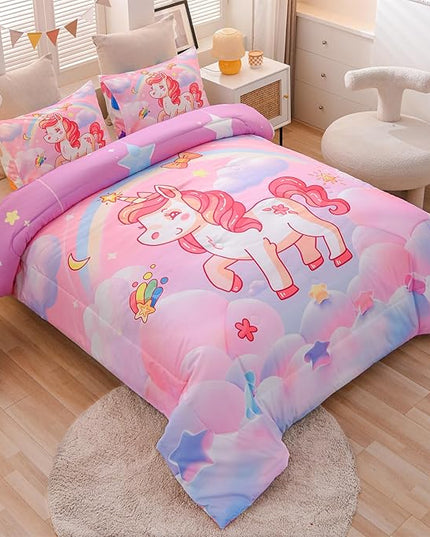 Aimuan Girls Unicorn Comforter Set 3 Pieces Pink Purple Bedding Set with Rainbow Star Galaxy Stars Fantasy Children Room Decor Soft Reversible Bed Sets for Boys/Girls/Teens (Pink Twin3Pcs) - LeafyLoom