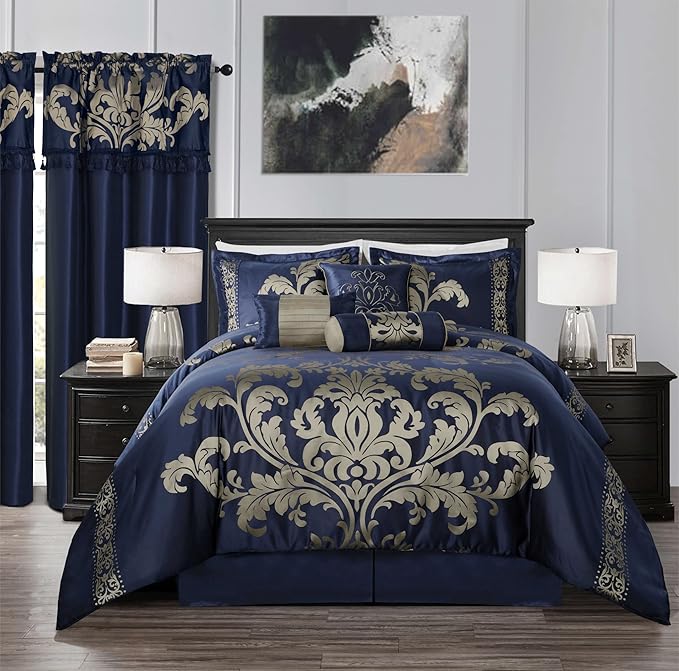 Chezmoi Collection Royale 7-Piece Jacquard Floral Comforter Set, Oversized Queen, Navy/Gold - LeafyLoom