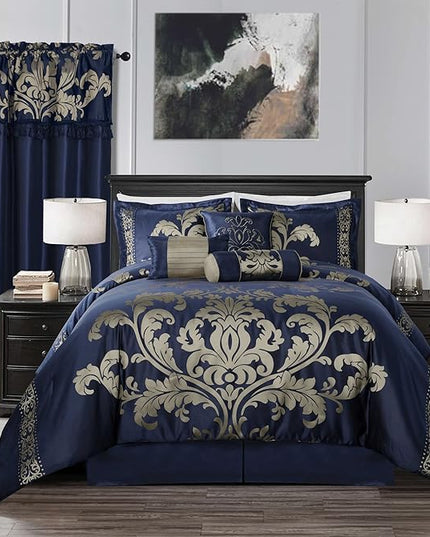 Chezmoi Collection 7-Piece Jacquard Floral Comforter Set (California King, Navy/Gold) - LeafyLoom