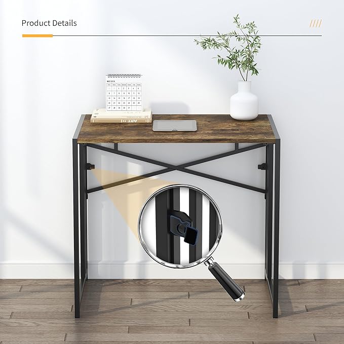 32 inch Small Folding Computer Desk, Writing Gaming Computer Desk for Small Spaces, No Assembly Required Home Office Desk, Rustic Brown - LeafyLoom
