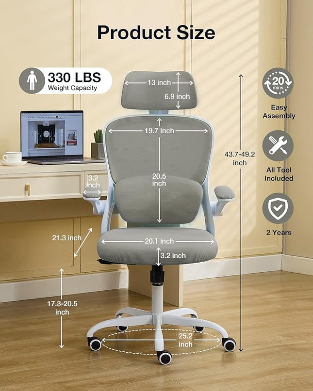Ergonomic Office Chair with Tilt-Lock, Home Office Desk Chair with Auto Lumbar Support, High Back Mesh Desk Chair with Adjustable Headrest, Swivel Task Chair or Study Room Bedroom,Light Gray - LeafyLoom