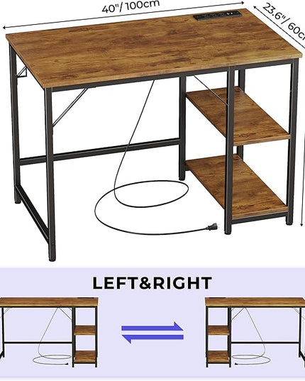JOISCOPE 40 x 24 Inch Small Gaming Computer Desk with Table Power Outlets,Home Office Small Desk with Storage Shelves and USB & Type-C Outlet,Morden Simple Writing Table,Vintage Oak Finish - LeafyLoom