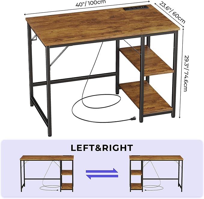JOISCOPE 40 x 24 Inch Small Gaming Computer Desk with Table Power Outlets,Home Office Small Desk with Storage Shelves and USB & Type-C Outlet,Morden Simple Writing Table,Vintage Oak Finish - LeafyLoom