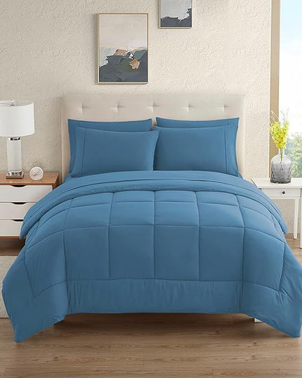 Dorm Room Essentials College Bedding Comforter Set 5 Piece Twin Size Bed in a Bag for College Students Boys and Girls, Twin, Denim Blue - LeafyLoom